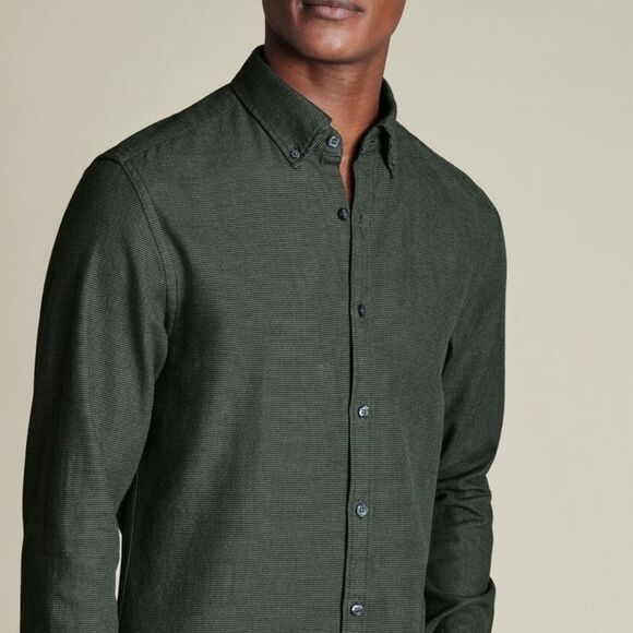 Charles Tyrwhitt Dobby Flannel Shirt Charcoal Grey Classic Fit Shirt Large Nwt - Picture 1 of 6